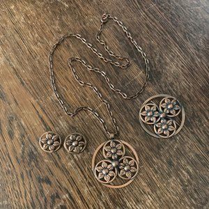 Weiss Bronze 3-flower Necklace, Earrings + Brooch